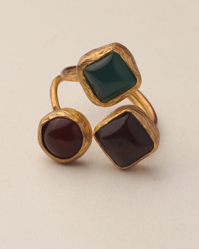 Red and Teal Adjustable Ring, 22K Gold-Plated Statement Piece image 6
