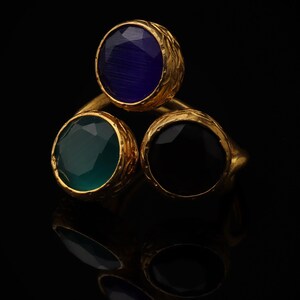 Colorful Ring, Unique Ring, Boho Ring, Art Deco Ring, Cobalt and Forest Green Ring, 22K Gold-Plated Ring, Vintage Style Ring image 4