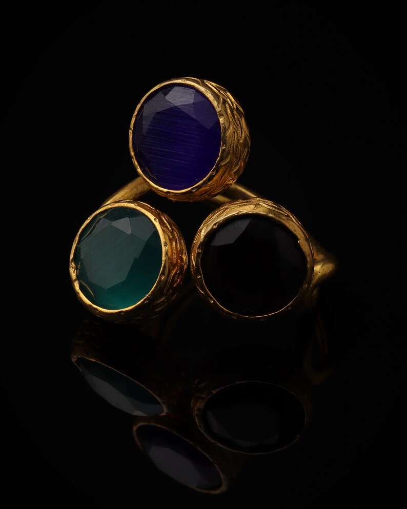 Colorful Ring, Unique Ring, Boho Ring, Art Deco Ring, Cobalt and Forest Green Ring, 22K Gold-Plated Ring, Vintage Style Ring image 4