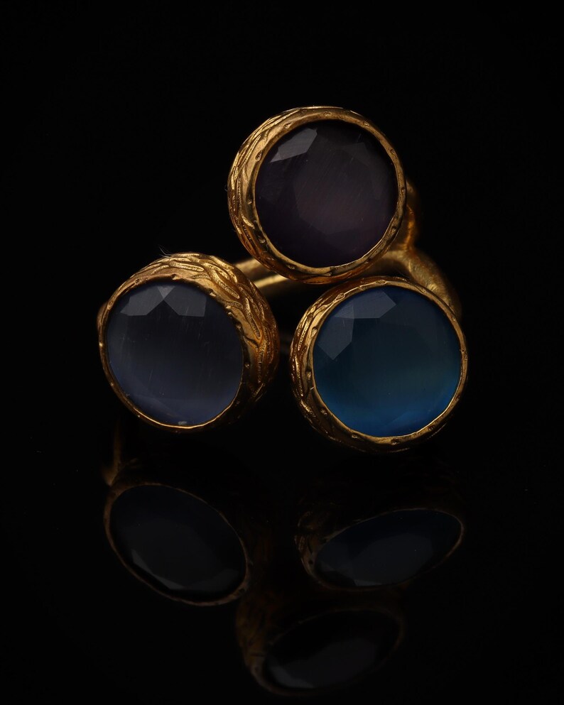 Cottagecore Ring, 22K Gold-Plated Ring, Denim Blue and Navy Ring, Turkish Ring, Ornate Ring, Art Deco Ring, Vintage Ring image 3