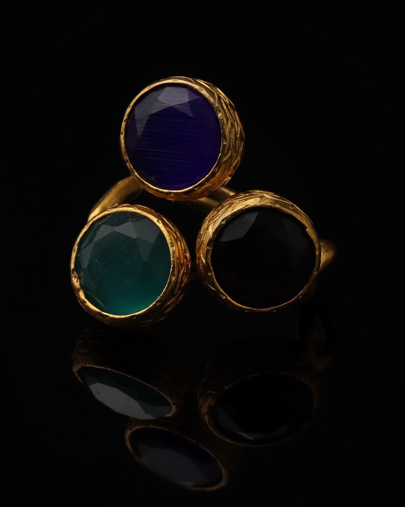 Colorful Ring, Unique Ring, Boho Ring, Art Deco Ring, Cobalt and Forest Green Ring, 22K Gold-Plated Ring, Vintage Style Ring image 3