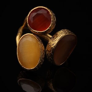 Red and Brown Cocktail Ring, 22K Gold-Plated Boho Band image 1