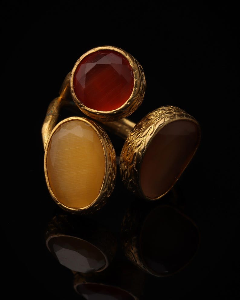 Red and Brown Cocktail Ring, 22K Gold-Plated Boho Band image 1