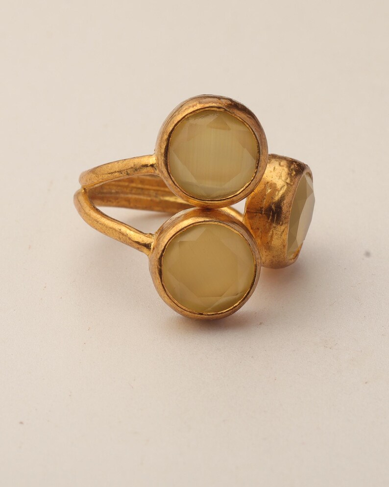 22K Gold-Plated Three Stone Ring, Cottagecore Ring, Whimsical Ring, Unique Ring, Ochre and Umber Ring, Colorful Ring image 8