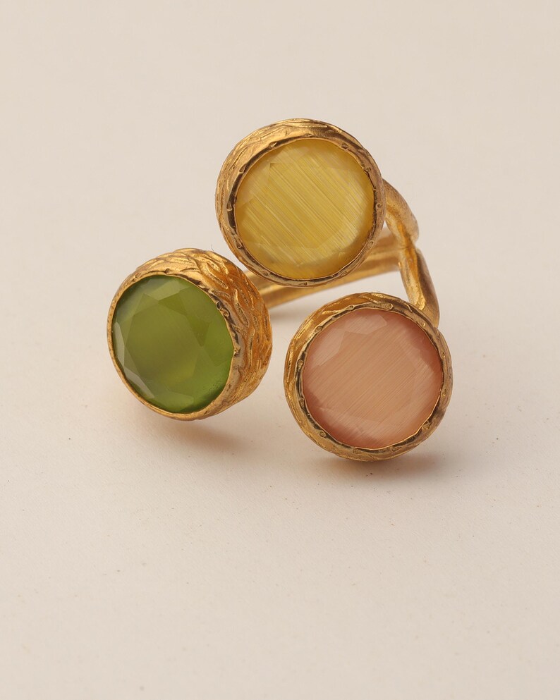 Orange and Green Statement Ring, 22K Gold-Plated Adjustable Band image 8