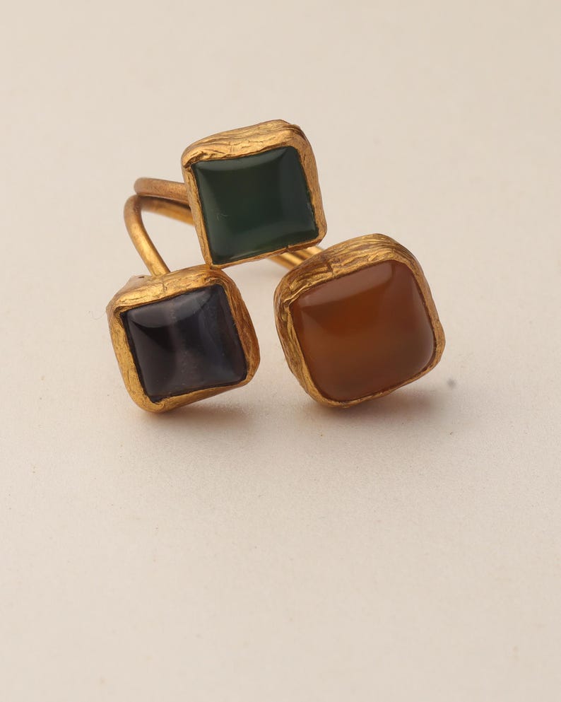 Orange and Green Boho Ring, 22K Gold-Plated Art Nouveau Band image 7