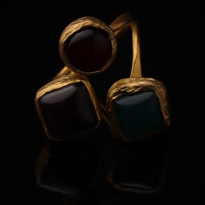 Red and Teal Adjustable Ring, 22K Gold-Plated Statement Piece image 1
