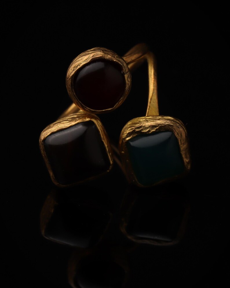 Red and Teal Adjustable Ring, 22K Gold-Plated Statement Piece image 1