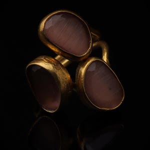 22K Gold-Plated Three Stone Ring, Cocktail Ring, Statement Ring, Heather Pink and Mulberry Ring, Chunky Ring, Gothic Ring image 4