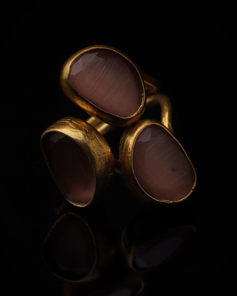 22K Gold-Plated Three Stone Ring, Cocktail Ring, Statement Ring, Heather Pink and Mulberry Ring, Chunky Ring, Gothic Ring image 4