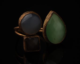 Grey and Green Three Stone Ring, 22K Gold-Plated Victorian Band
