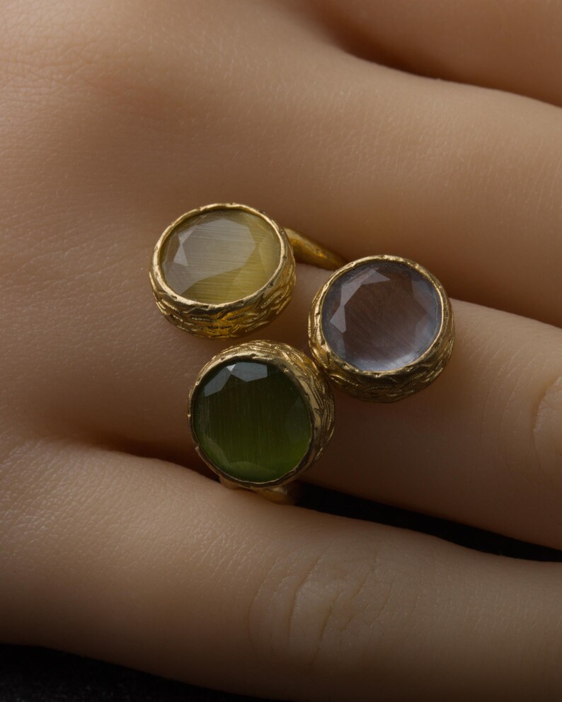 Grey and Green Cluster Ring, 22K Gold-Plated Adjustable Design image 10