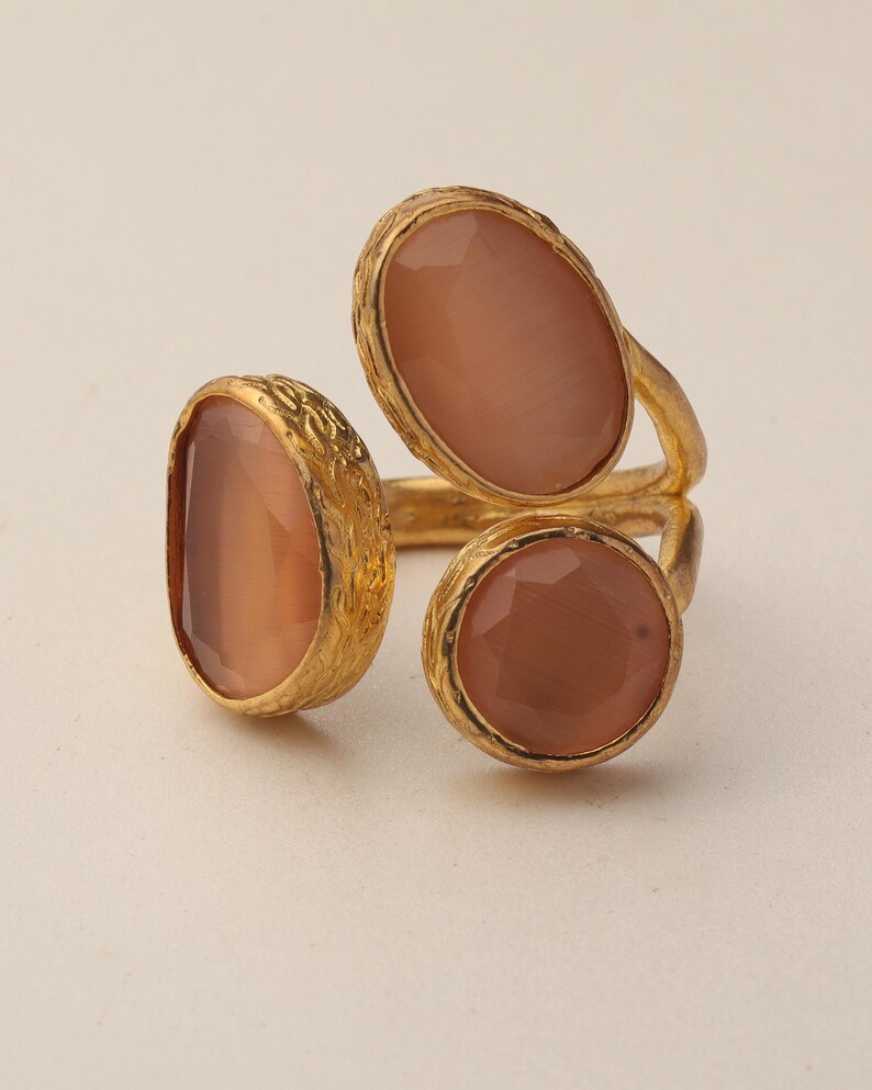 22K Gold-Plated Three Stone Ring, Turkish Ring, Terracotta and Blush Pink Ring, Chunky Ring, Ornate Ring, Maximalist Jewelry image 8