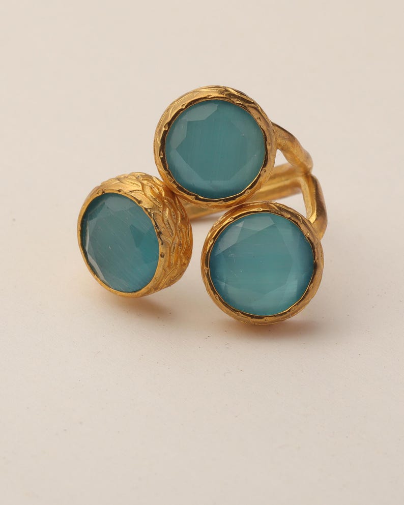 Colorful Ring, Teal and Sea Green Ring, Boho Ring, Cluster Ring, 22K Gold-Plated Ring, Art Deco Ring, Cat Eye Ring image 8