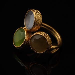 Grey and Green Cluster Ring, 22K Gold-Plated Adjustable Design image 5