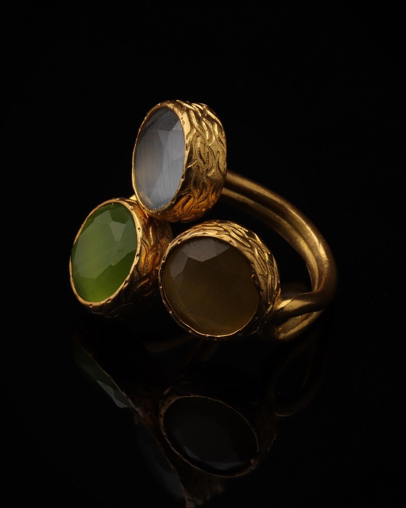 Grey and Green Cluster Ring, 22K Gold-Plated Adjustable Design image 5