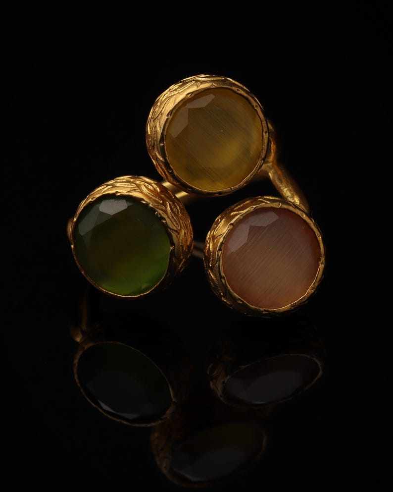 Orange and Green Statement Ring, 22K Gold-Plated Adjustable Band image 3