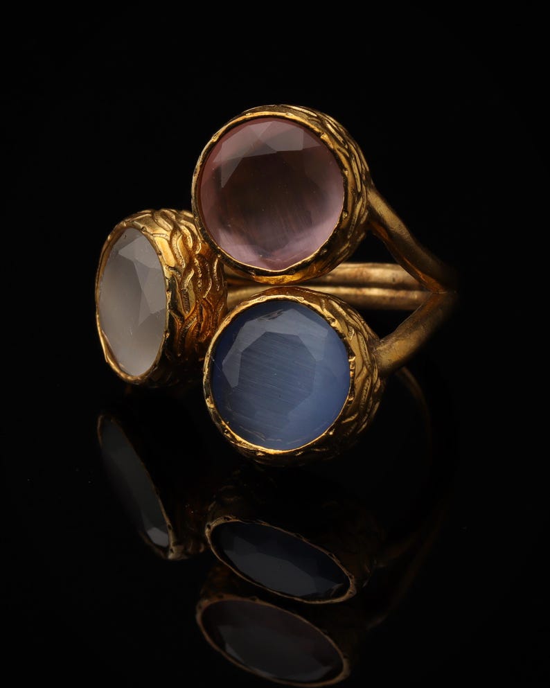 Pink and Grey Art Deco Ring, 22K Gold-Plated Adjustable Piece 画像 5