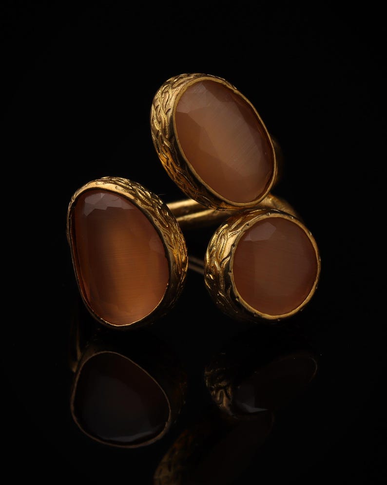 22K Gold-Plated Three Stone Ring, Turkish Ring, Terracotta and Blush Pink Ring, Chunky Ring, Ornate Ring, Maximalist Jewelry image 3