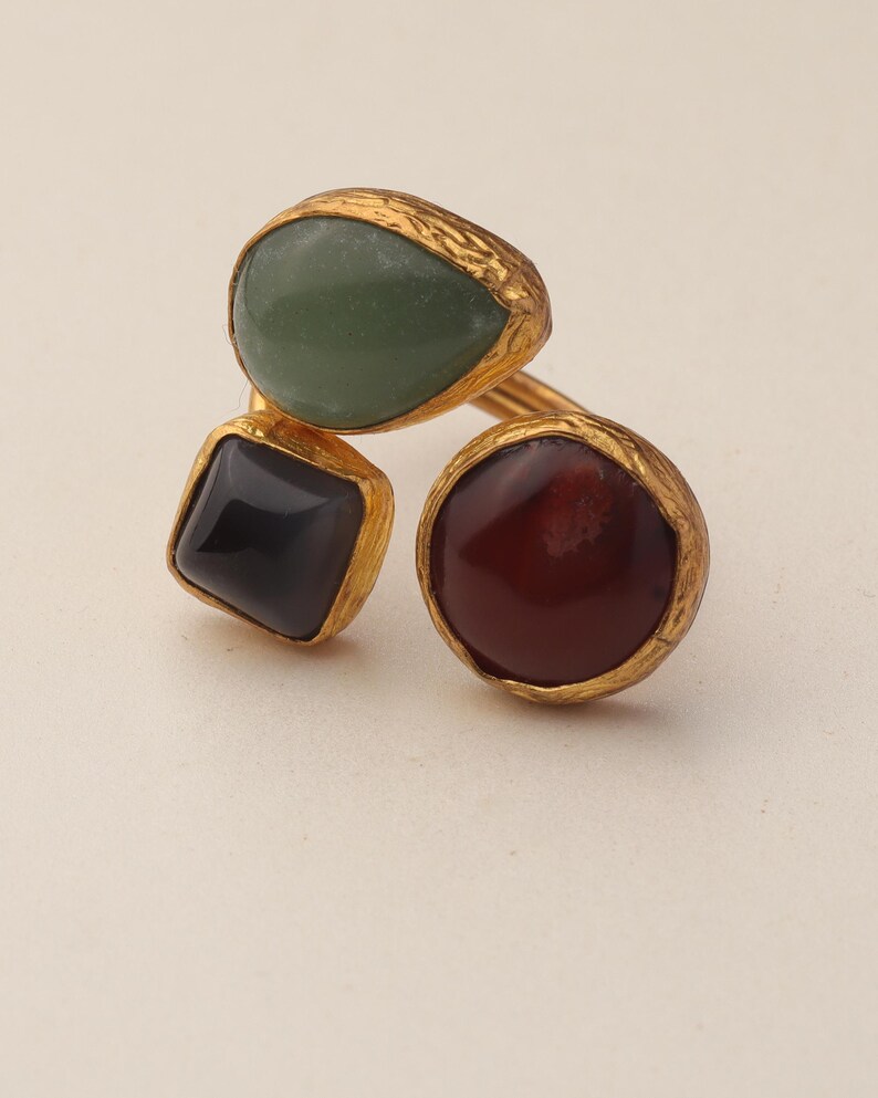 Sage Green and Burgundy Gothic Ring, 22K Gold-Plated Adjustable Style image 8