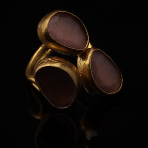 22K Gold-Plated Three Stone Ring, Cocktail Ring, Statement Ring, Heather Pink and Mulberry Ring, Chunky Ring, Gothic Ring image 1