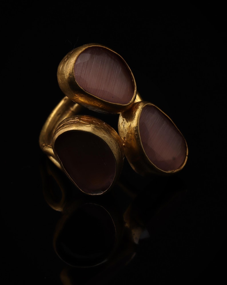 22K Gold-Plated Three Stone Ring, Cocktail Ring, Statement Ring, Heather Pink and Mulberry Ring, Chunky Ring, Gothic Ring image 1