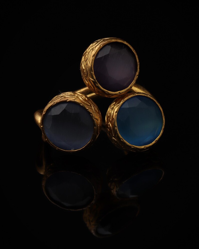 Cottagecore Ring, 22K Gold-Plated Ring, Denim Blue and Navy Ring, Turkish Ring, Ornate Ring, Art Deco Ring, Vintage Ring image 1