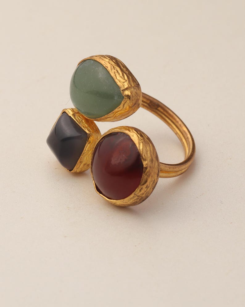 Sage Green and Burgundy Gothic Ring, 22K Gold-Plated Adjustable Style image 9