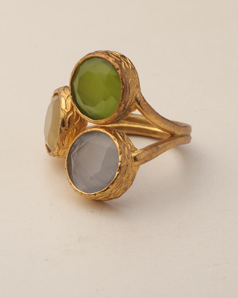 Grey and Green Cluster Ring, 22K Gold-Plated Adjustable Design image 9