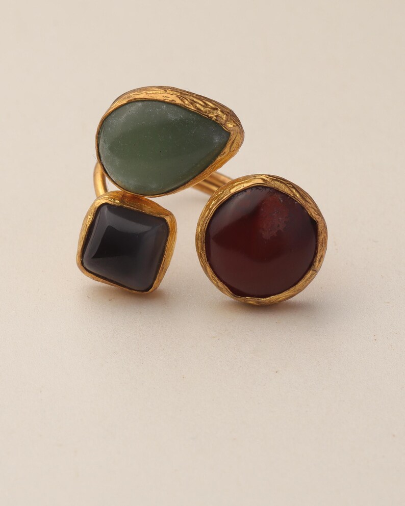 Sage Green and Burgundy Gothic Ring, 22K Gold-Plated Adjustable Style image 6