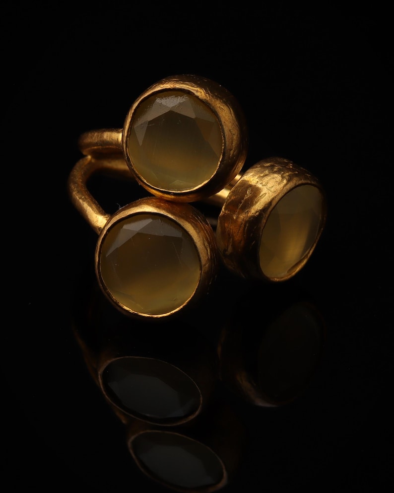 22K Gold-Plated Three Stone Ring, Cottagecore Ring, Whimsical Ring, Unique Ring, Ochre and Umber Ring, Colorful Ring image 1