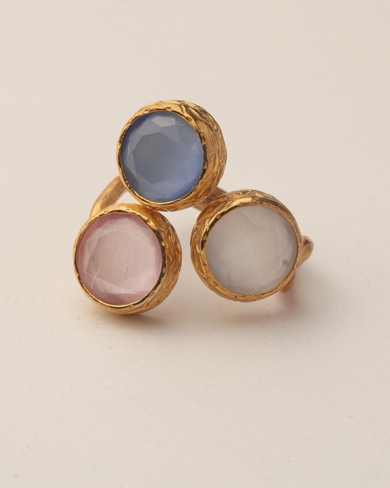 Pink and Grey Art Deco Ring, 22K Gold-Plated Adjustable Piece 画像 8