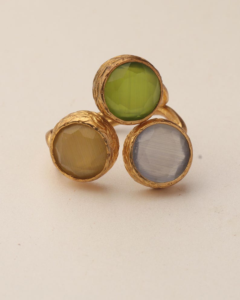 Grey and Green Cluster Ring, 22K Gold-Plated Adjustable Design image 7
