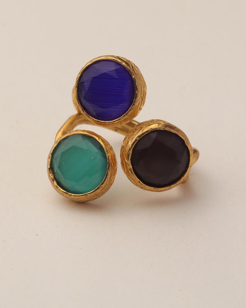 Colorful Ring, Unique Ring, Boho Ring, Art Deco Ring, Cobalt and Forest Green Ring, 22K Gold-Plated Ring, Vintage Style Ring image 8