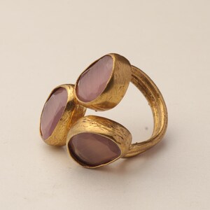 22K Gold-Plated Three Stone Ring, Cocktail Ring, Statement Ring, Heather Pink and Mulberry Ring, Chunky Ring, Gothic Ring image 9