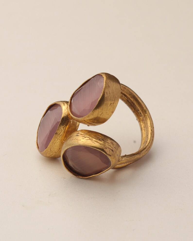 22K Gold-Plated Three Stone Ring, Cocktail Ring, Statement Ring, Heather Pink and Mulberry Ring, Chunky Ring, Gothic Ring image 9