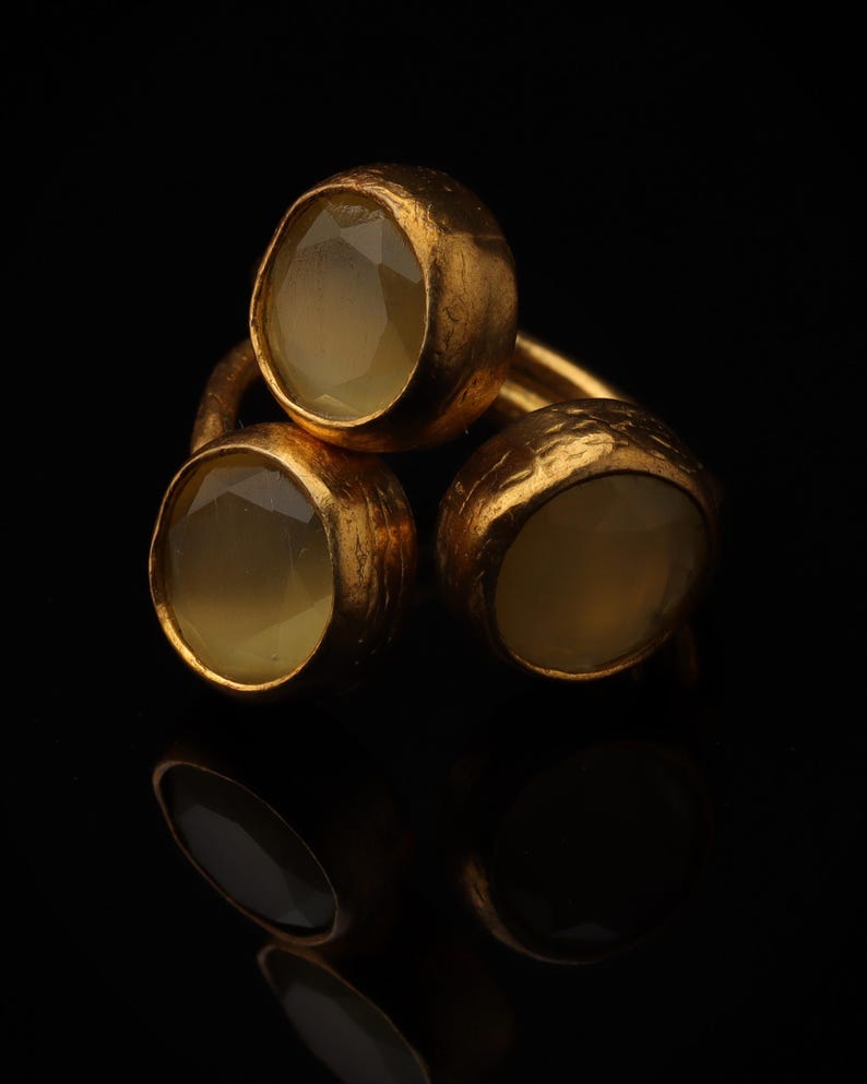 22K Gold-Plated Three Stone Ring, Cottagecore Ring, Whimsical Ring, Unique Ring, Ochre and Umber Ring, Colorful Ring image 4