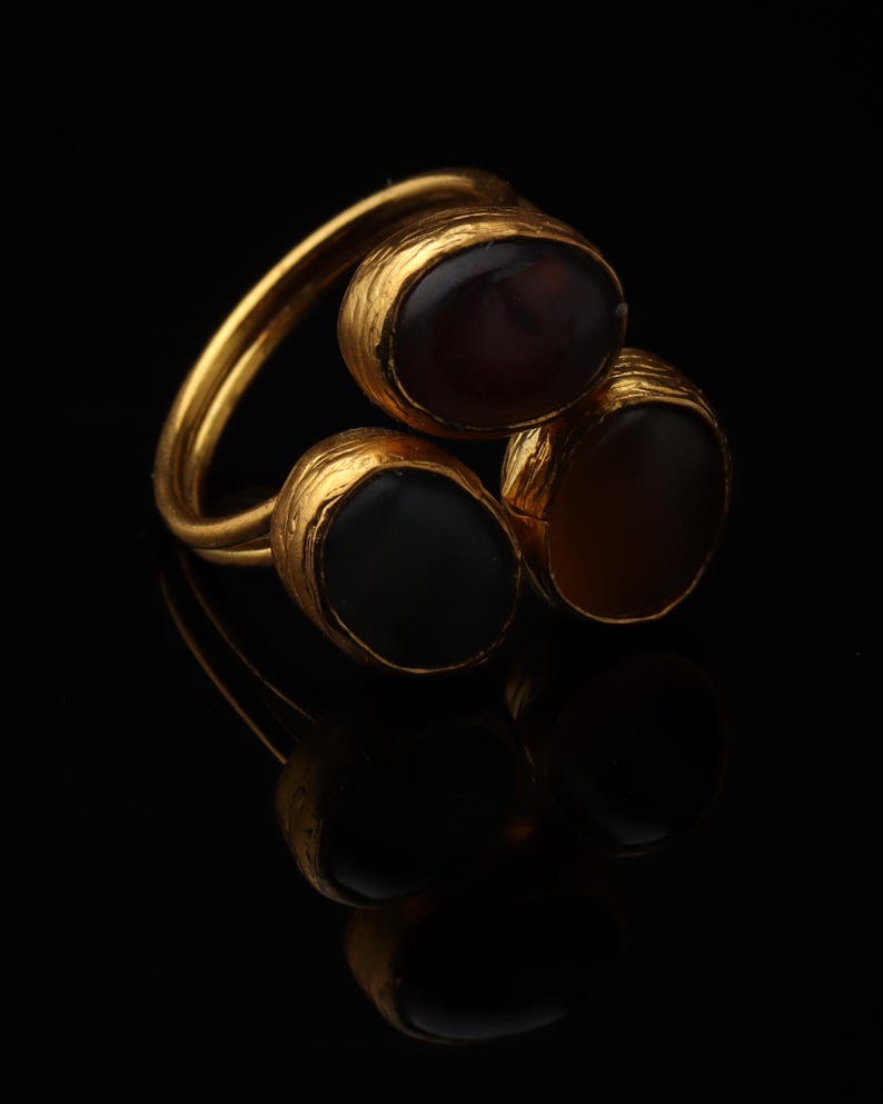 22K Gold-Plated Adjustable Ring, Boho Ring, Art Deco Ring, Storm Grey and Sable Ring, Statement Ring, Unique Ring image 1