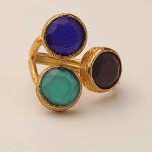Colorful Ring, Unique Ring, Boho Ring, Art Deco Ring, Cobalt and Forest Green Ring, 22K Gold-Plated Ring, Vintage Style Ring image 7