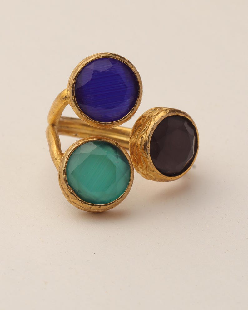 Colorful Ring, Unique Ring, Boho Ring, Art Deco Ring, Cobalt and Forest Green Ring, 22K Gold-Plated Ring, Vintage Style Ring image 7