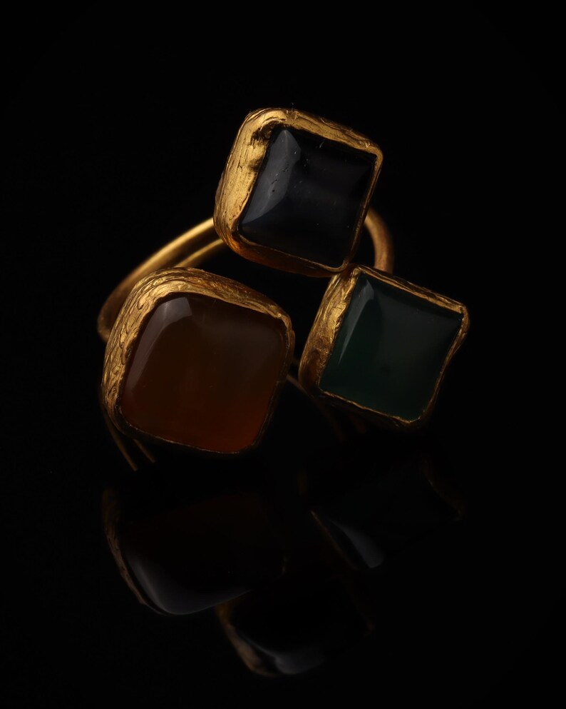 Orange and Green Boho Ring, 22K Gold-Plated Art Nouveau Band image 1