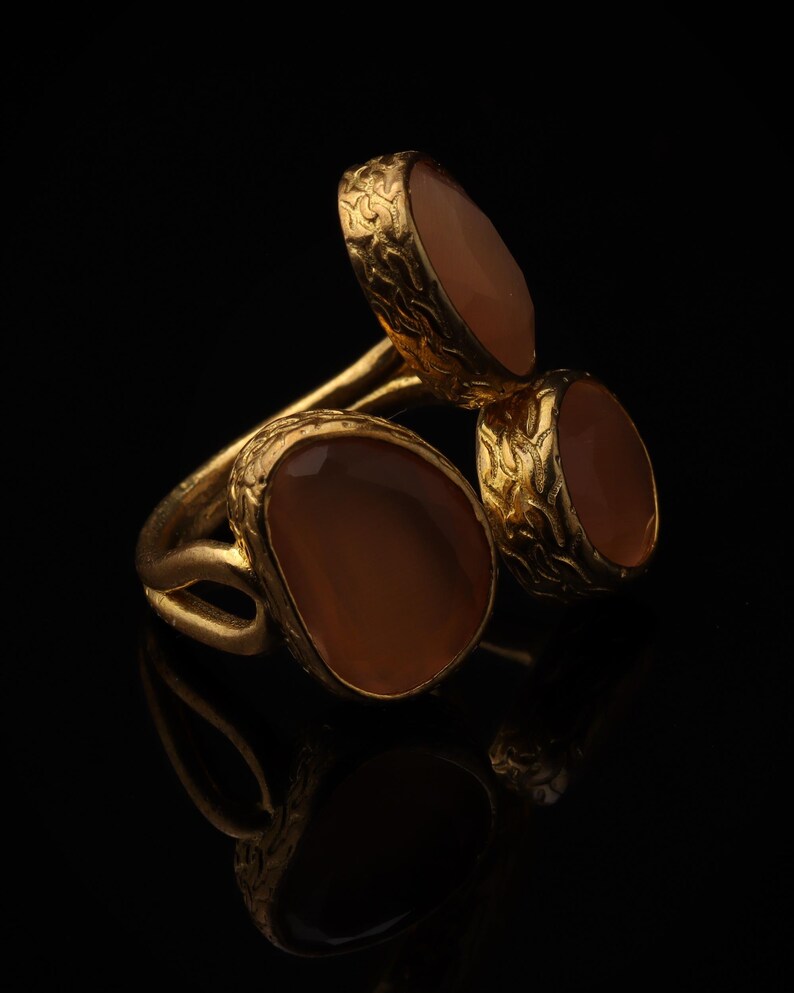 22K Gold-Plated Three Stone Ring, Turkish Ring, Terracotta and Blush Pink Ring, Chunky Ring, Ornate Ring, Maximalist Jewelry image 2