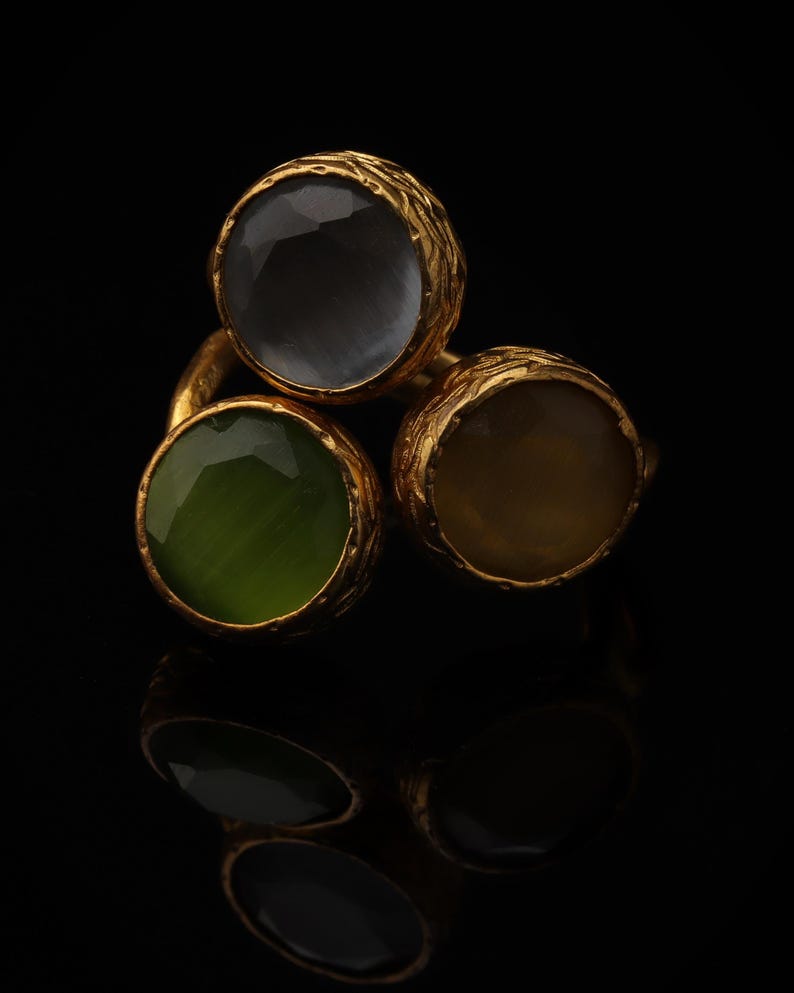 Grey and Green Cluster Ring, 22K Gold-Plated Adjustable Design image 3