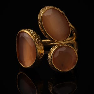 22K Gold-Plated Three Stone Ring, Turkish Ring, Terracotta and Blush Pink Ring, Chunky Ring, Ornate Ring, Maximalist Jewelry image 4