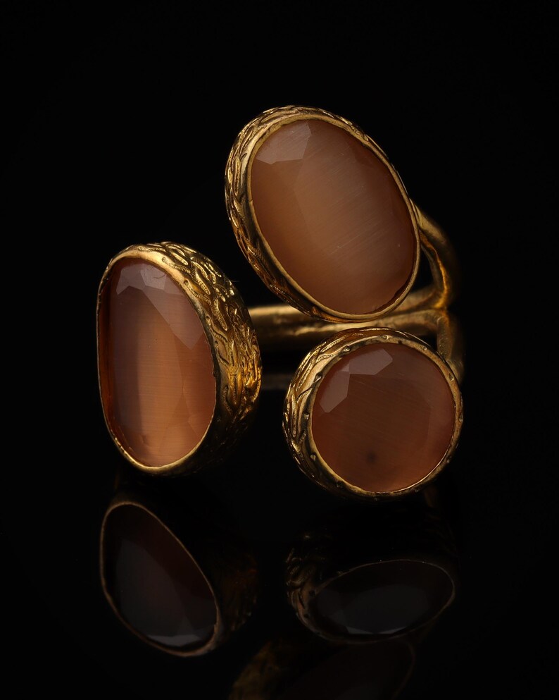 22K Gold-Plated Three Stone Ring, Turkish Ring, Terracotta and Blush Pink Ring, Chunky Ring, Ornate Ring, Maximalist Jewelry image 4