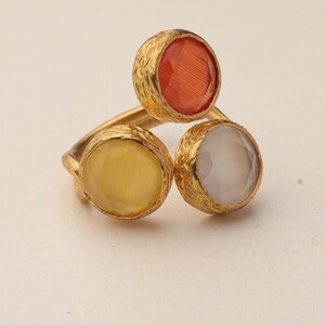 Brown and Yellow Cat Eye Ring, 22K Gold-Plated Adjustable Look image 7