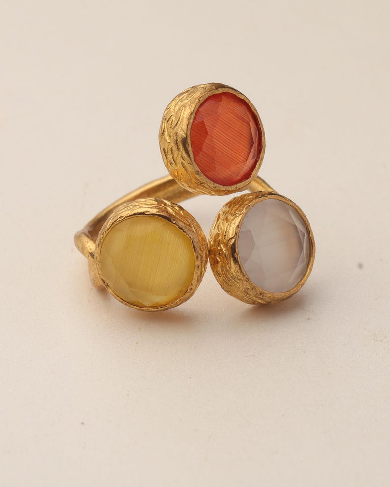 Brown and Yellow Cat Eye Ring, 22K Gold-Plated Adjustable Look image 7