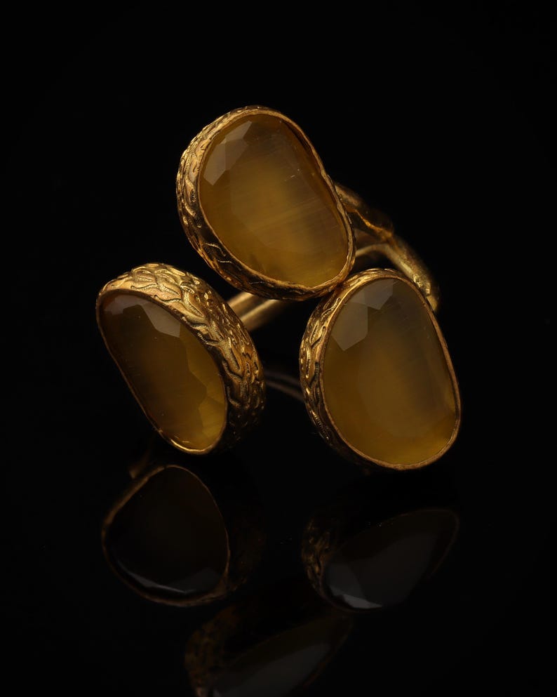 Yellow and Brown Cottagecore Ring, 22K Gold-Plated Adjustable Cluster image 4
