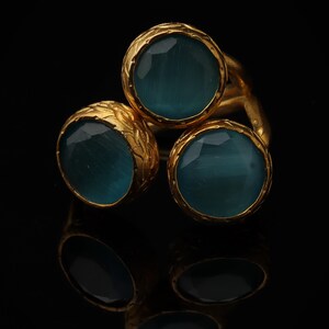 Colorful Ring, Teal and Sea Green Ring, Boho Ring, Cluster Ring, 22K Gold-Plated Ring, Art Deco Ring, Cat Eye Ring image 4