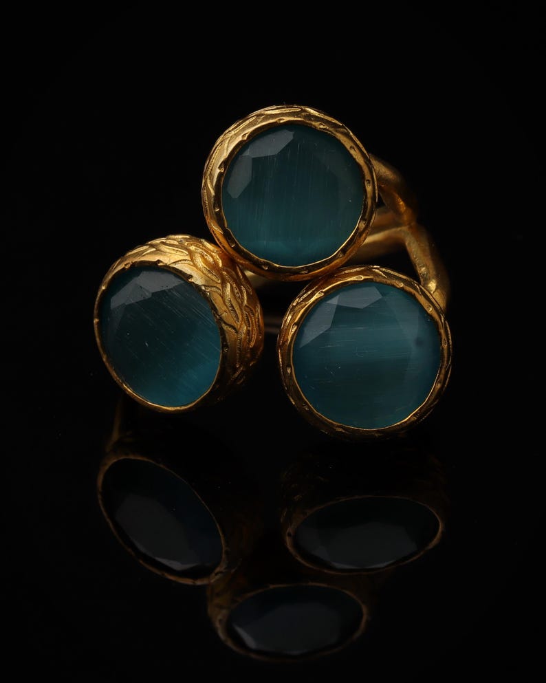 Colorful Ring, Teal and Sea Green Ring, Boho Ring, Cluster Ring, 22K Gold-Plated Ring, Art Deco Ring, Cat Eye Ring image 4